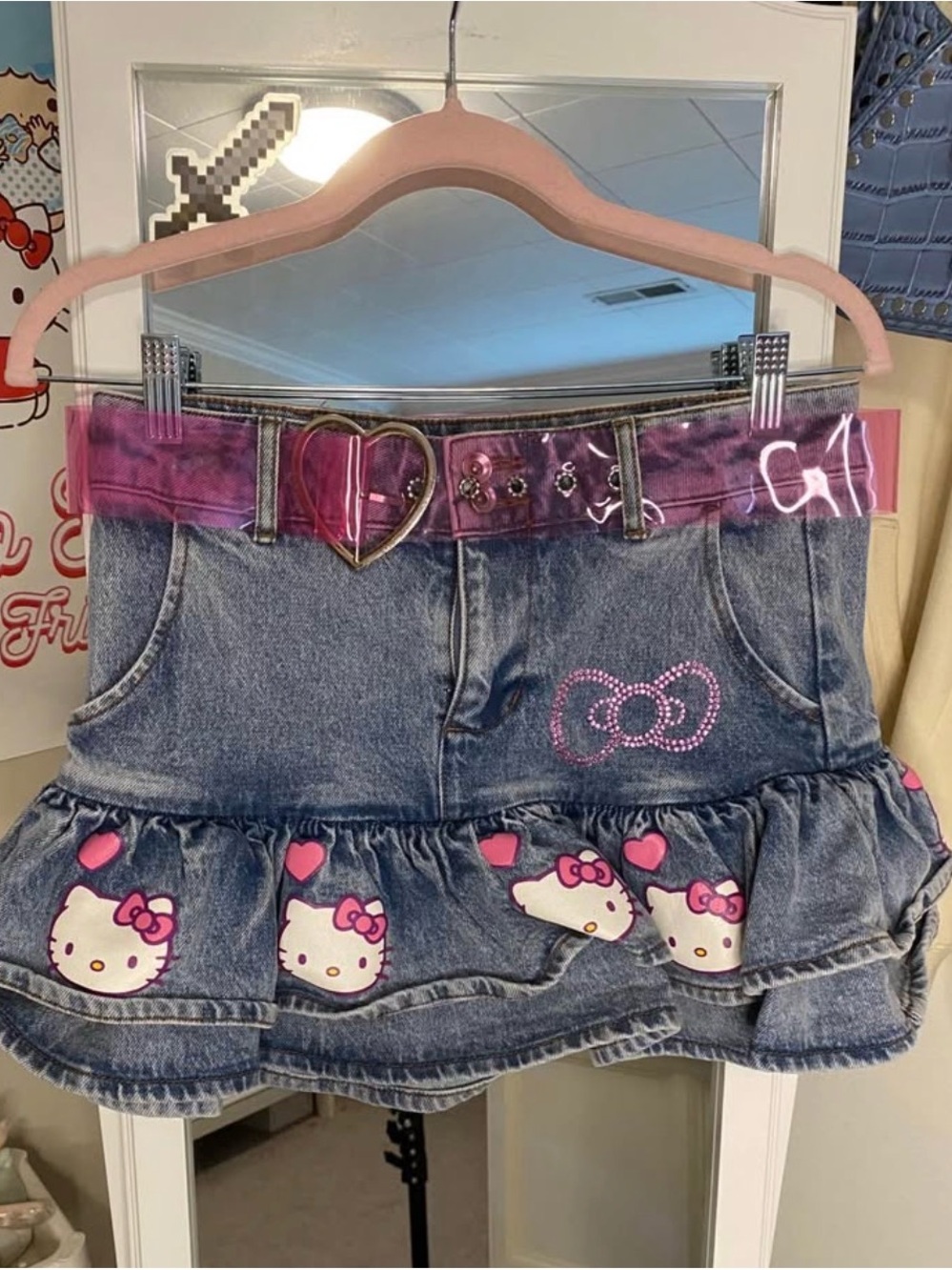 Hello Kitty Blue Denim Skirt with Pink Accents